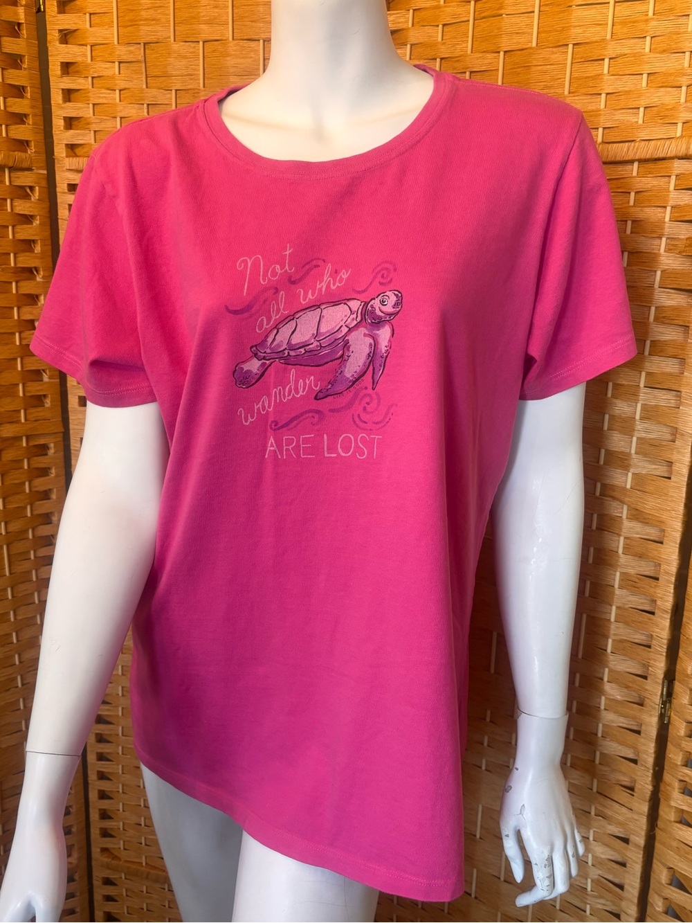 Life is Good Women’s Pink Graphic with Turtle Tee "Not All Who Wander Are Lost